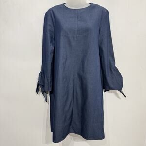 Tibi Cotton Chambray Shift Dress Sz 6 Blue Tie Sleeves Minimalist Office Work